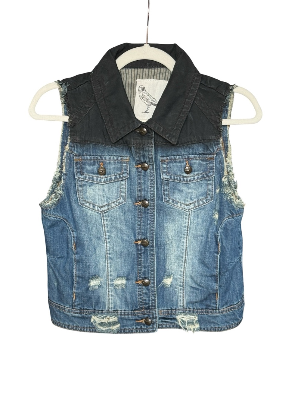 White Crow Blue Denim Sleeveless Jean Jacket with Black Collar